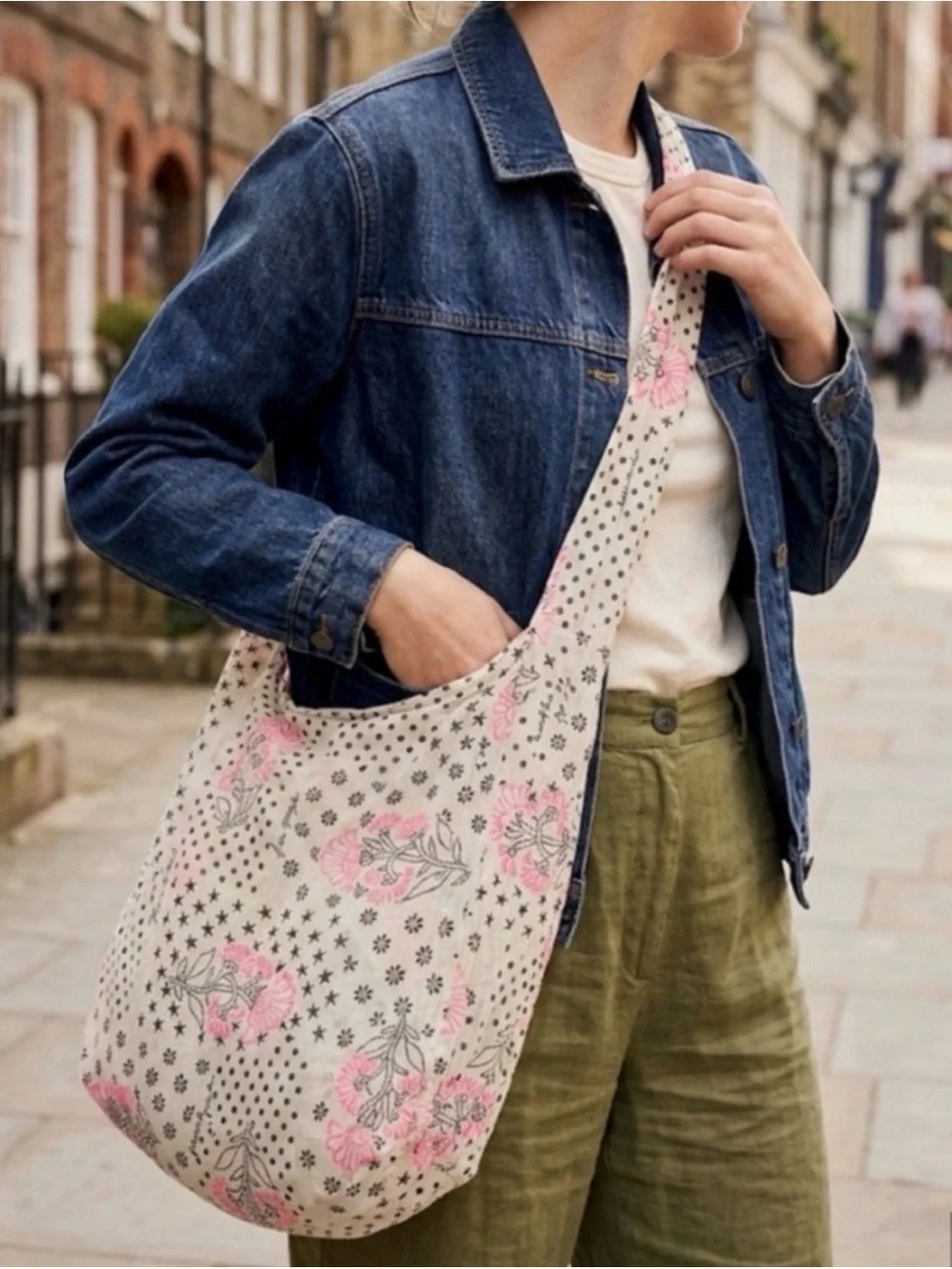 Free People Gauze Sling Tote Bag Polka Dot Floral Printed White Pink